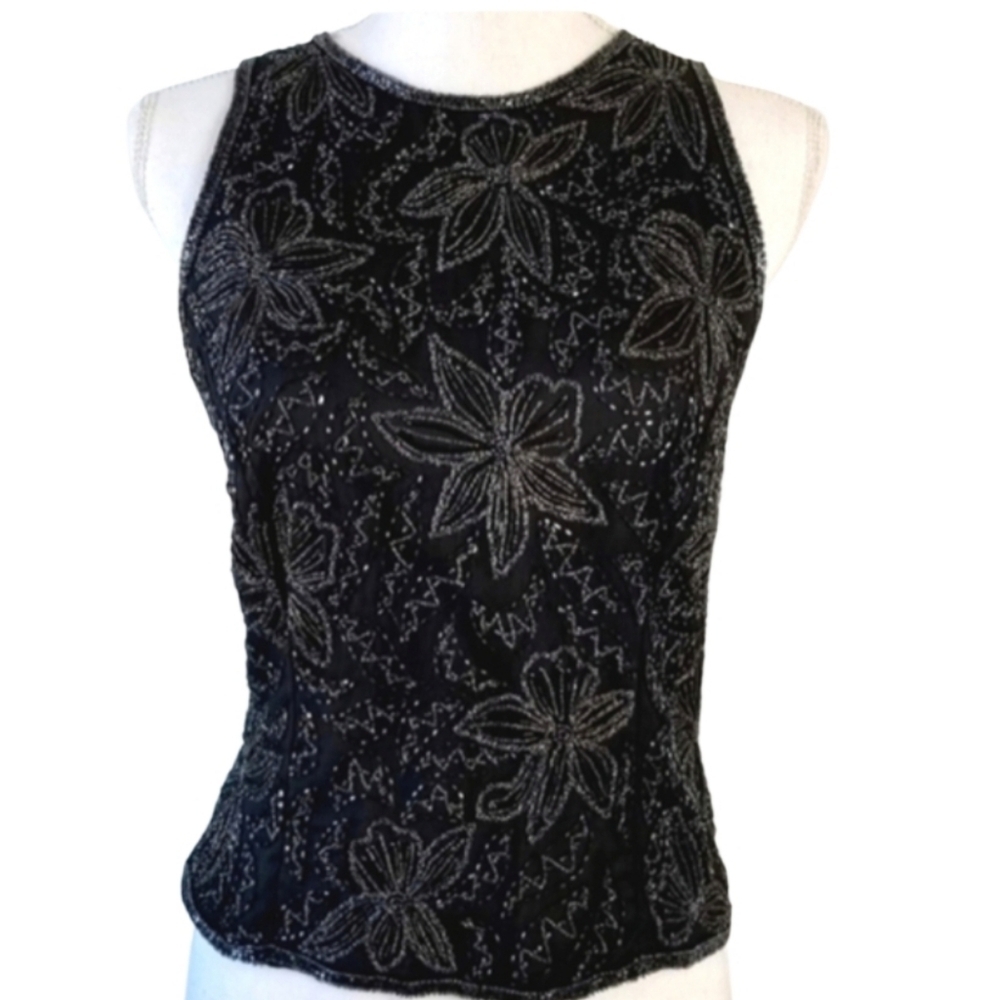 LAWRENCE KAZAR Vintage 100% Silk Black Beaded Sleeveless Top Large.